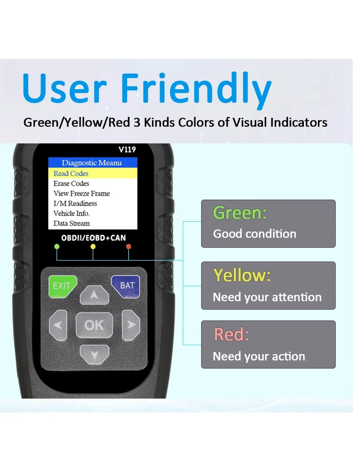 V119 OBD2-Scanner: ein Autodiagnosetool mit Spannungstest und USB-Stromversorgung, geeignet zum Lesen/Reinigen von Codes auf EOBD/