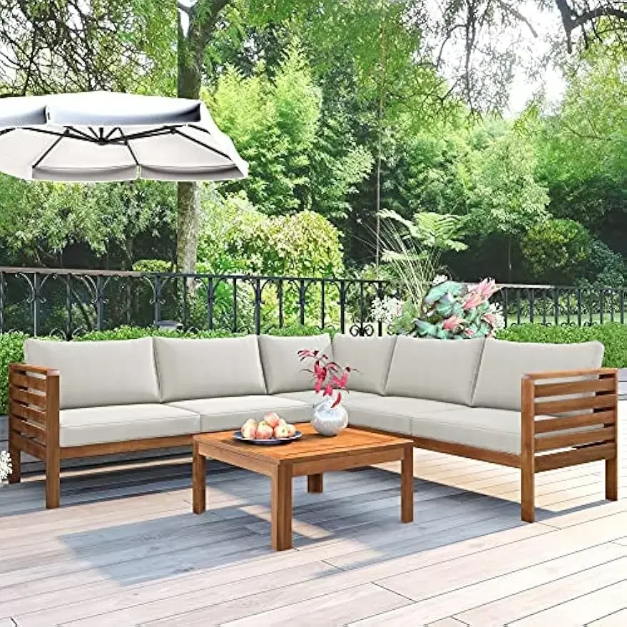 Outdoor Sectional Sofa Set with Coffee Table Removable,Patio Sectional Seating Group L Shape Corner Sofa Set(Natural wood+Beige)