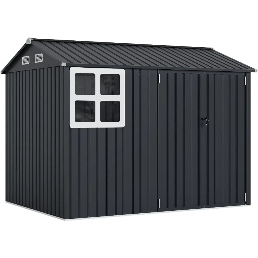 Heavy-Duty Galvanized Steel Outdoor Storage Shed for Backyard, Garden, Garage, Patio Lockable Door, Windows, Sloped Roof, Gray