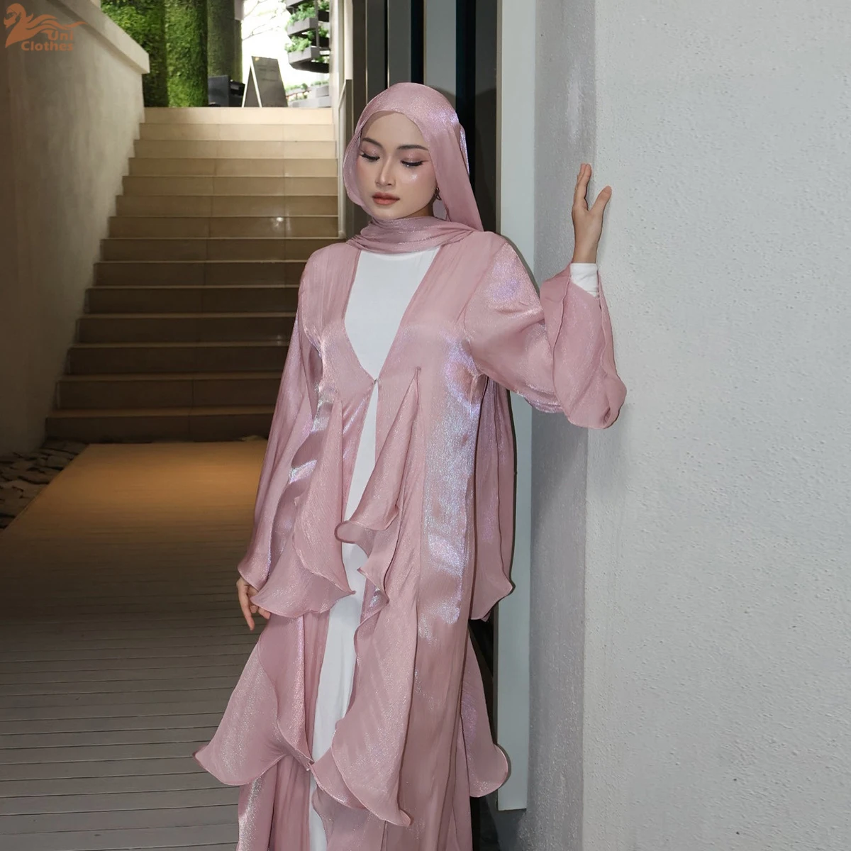 

Ramadan Muslim Modest Abaya with Hijab for Women Eid Dubai Stain Cardigan Dress Islamic Holiday Outfit Plain Turkey Kaftan Robe
