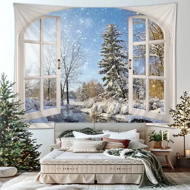 VIKAMA Christmas Window Tapestry Open Arch Window Snow Forest River Winter Scenery Wall Hanging Backdrop for Home Decor
