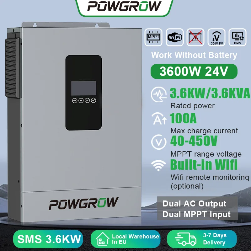 POWGROW Hybride Solar Inverter 12KW 6.5KW 5KW 3.6KW Dubbele Uitgang MPPT 220V 24V 48V Max PV Ingang 500V Solar Charger 160A Met BMS