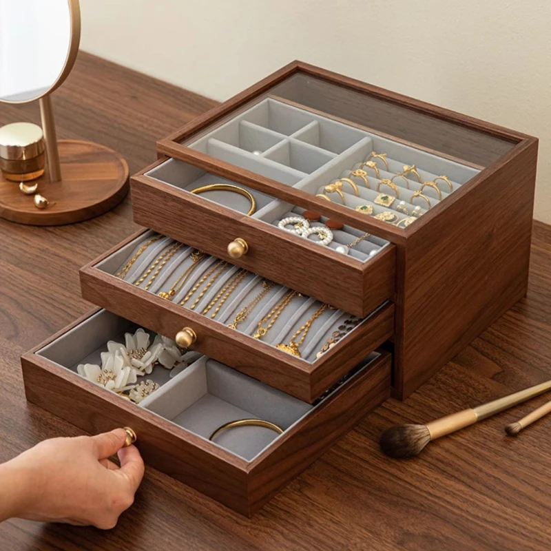 

Wooden Jewelry Box Large Retro Ring Storage Boxes Luxury Transparent Glass Necklace Display Case Earrings Bracelet Organizer