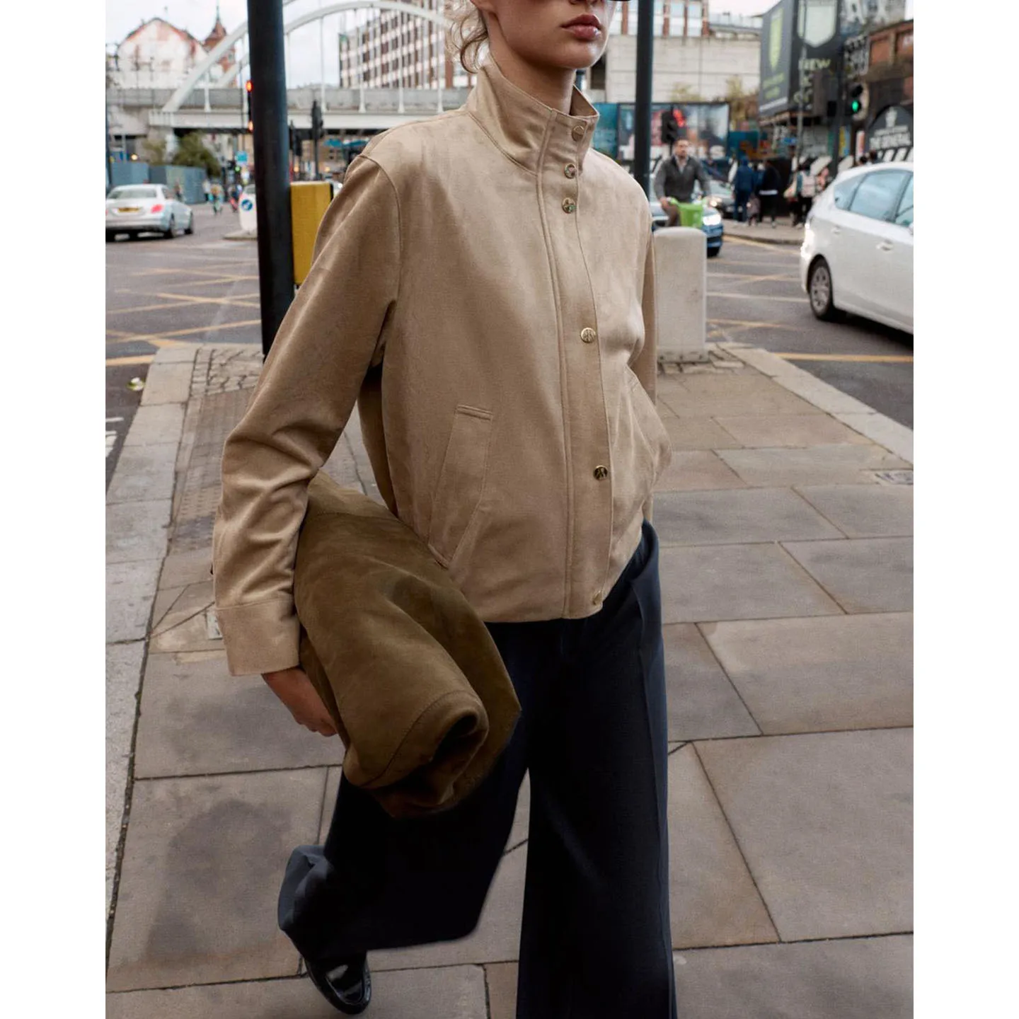 

Fall New Women's Hepburn Sle Stand Collar Long Sve Zipper Faux Suede Effect Jaet Coat Polyester Fiber 00% Regular Thi...