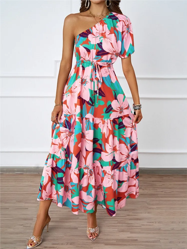 

Women's Summer Sexy Sloping Collar Off Shoulder Fashionable Printed Bohemian Beach Vacation Long Skirt Casual Loose Dress