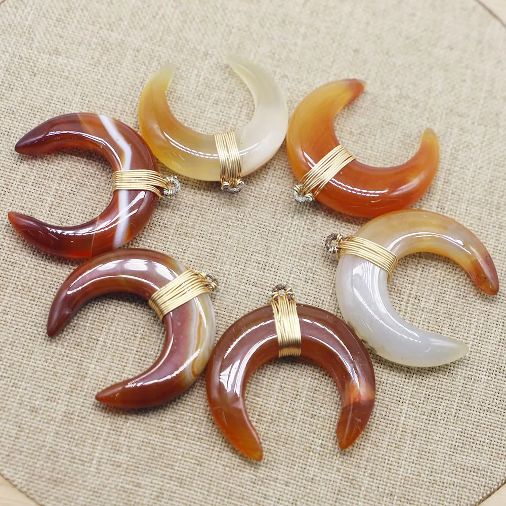 Natural Agate Horn Pendant Hand Wound Crescent Semi-precious Stone Necklace Diy Charm Jewelry Making Accessories Wholesale 3Pcs