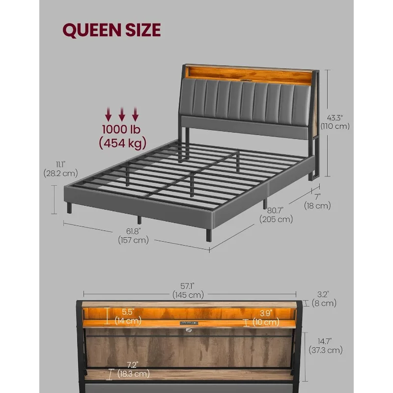 Large Size Bed Frame, Storage Headboard and Charging Pile, Large Bed Frame, 2 AC Sockets, 1 USB Port, 1 Type C Port