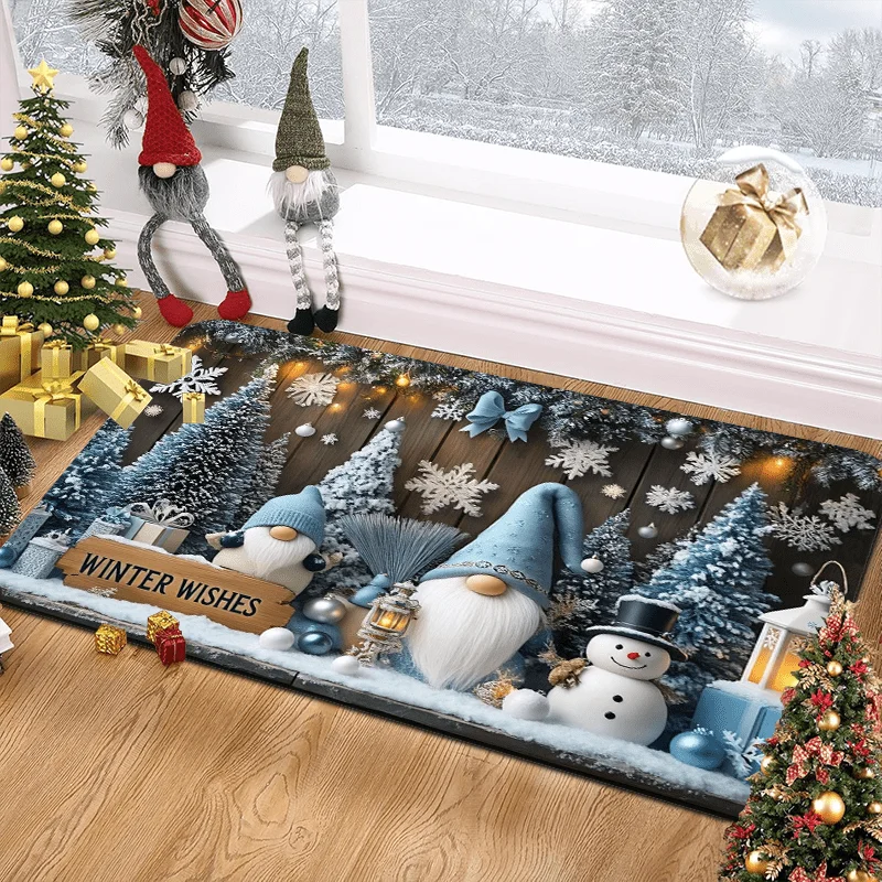 1pc Blue Christmas Gnome & Snowman Non-Slip Door Mat - 100% Polyester  Polyester Indoor/Outdoor Mat, Machine Washable Holiday