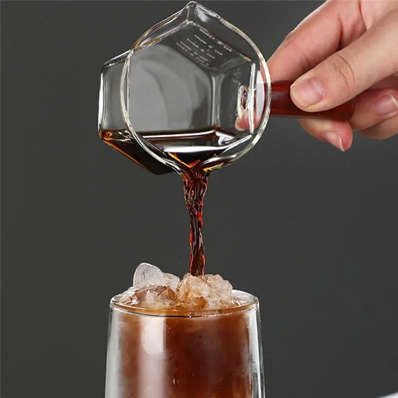 ABJS Wood Handle Glass Espresso Measuring Cup Double Mouth Milk Jug Coffee Supplies Clear Kitchen Measure Mug 120Ml