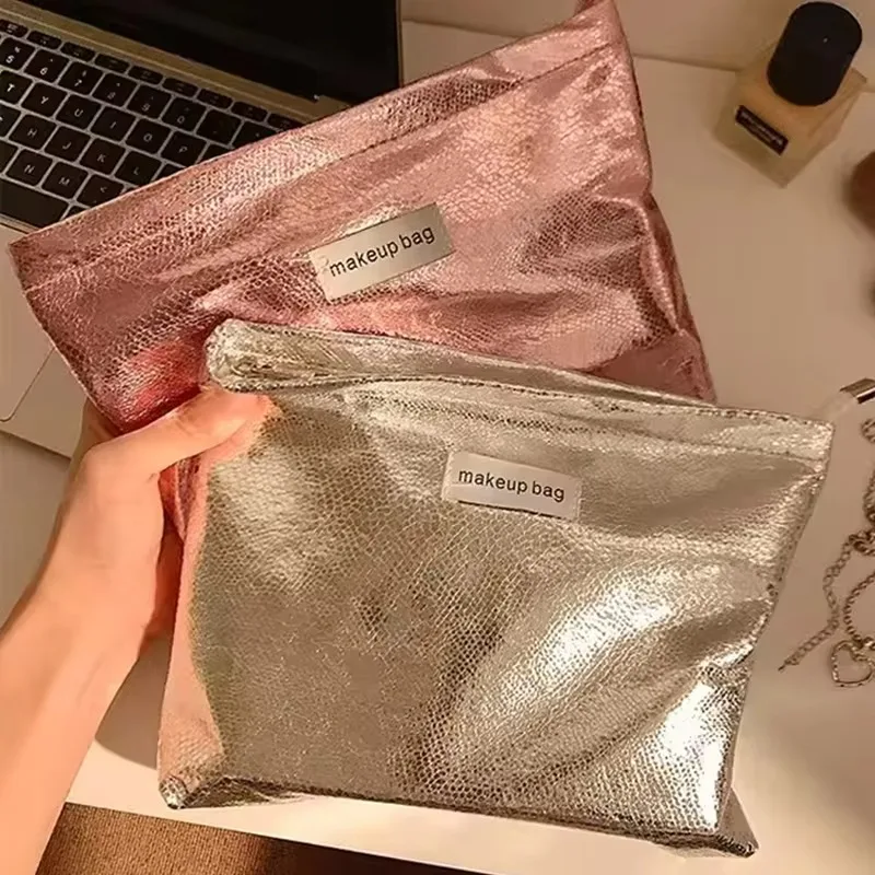 Simple Shiny Sequins Silver Clutch Cosmetic Handbag Makeup Bag Portable Girls Toiletries Skincare Storage Bag Organizer Pouch