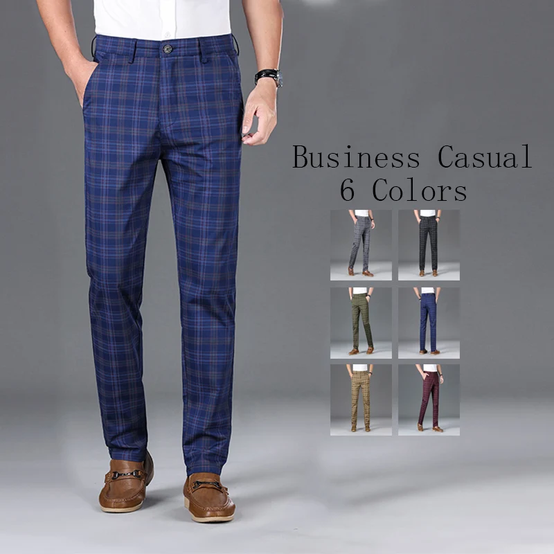 

6 Colors New Men Korean Slim Stretch Classic Business Cotton Casual Full Formal Long Trousers High Quality Plaid Pants