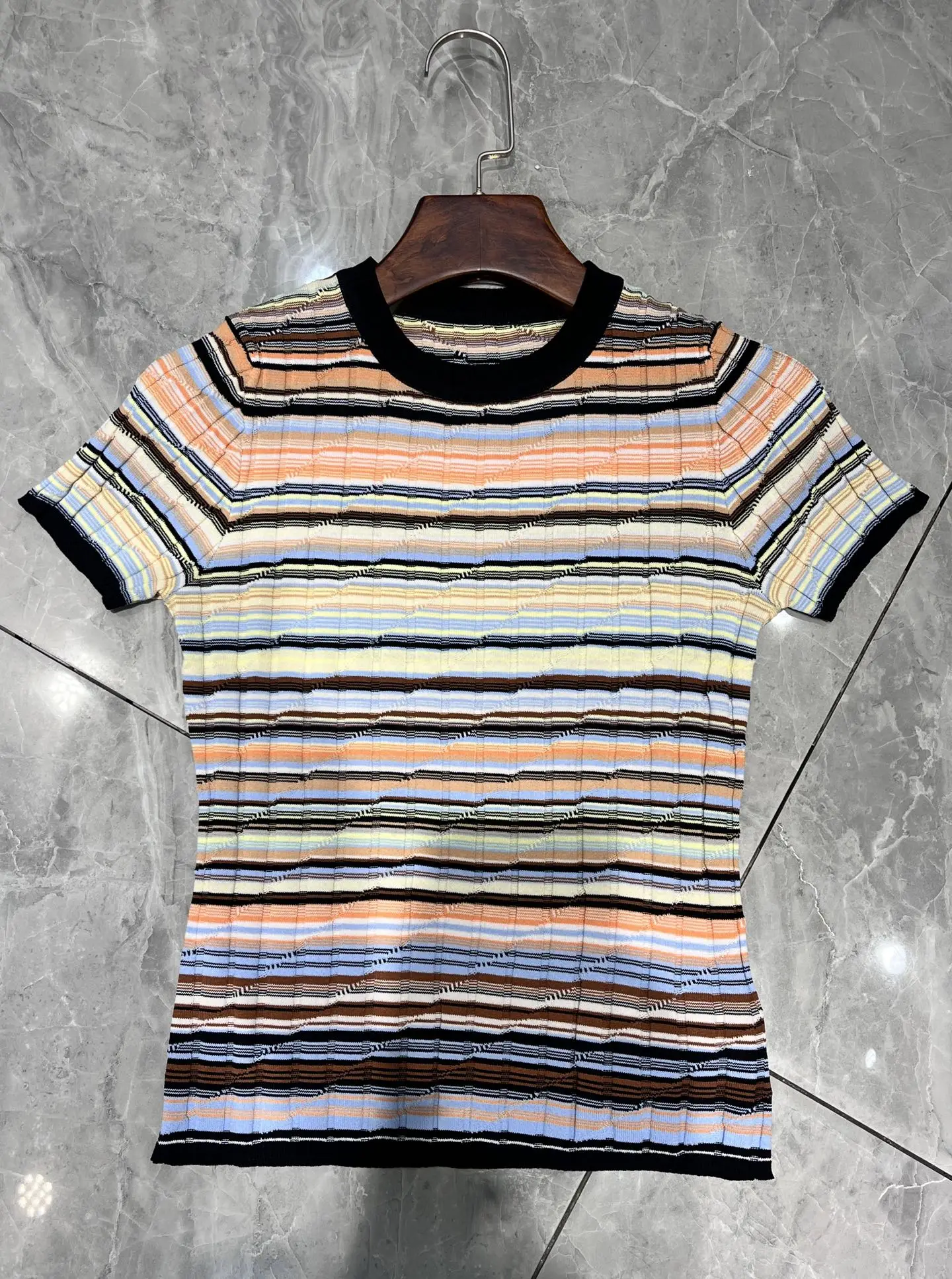 

Women Multicolor Striped Knitted T-Shirt 2025 New Round Neck Short Sleeve Fashion Slim Tee Tops