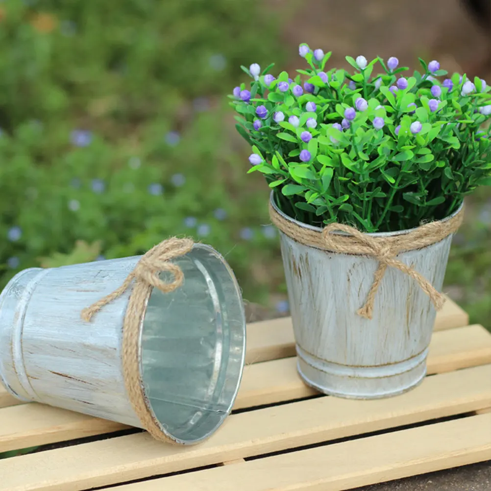 2Pcs Distinctive Retro Iron Flower Bucket Shabby Chic Pot for Garden Balcony Living Room Decor Flowerpot Adornment