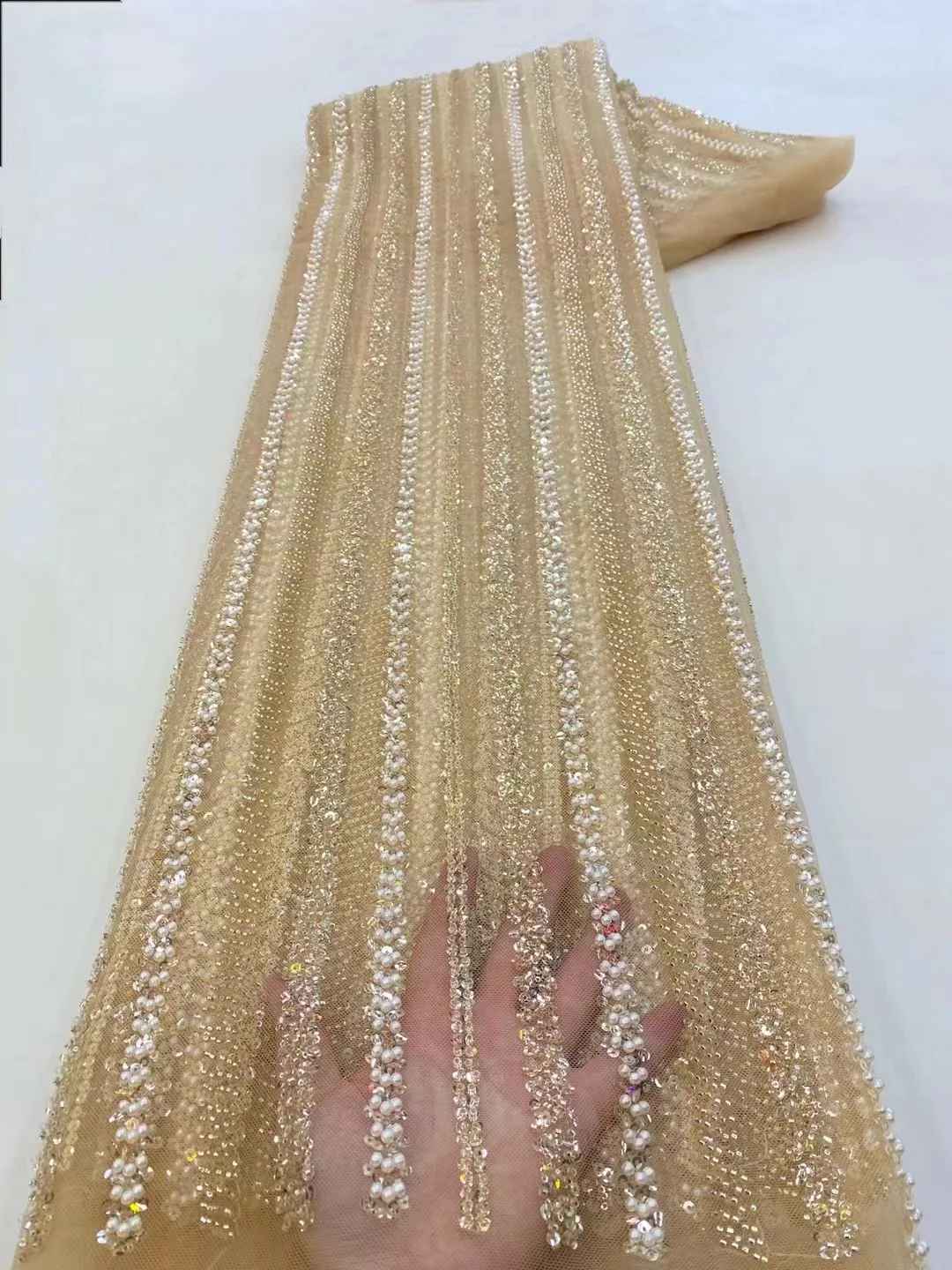 2.5Yards Beaded Lace Fabric French Tulle Embroidery Lace High Quality African Sequins Beads Fabric For Women Wedding Dresses
