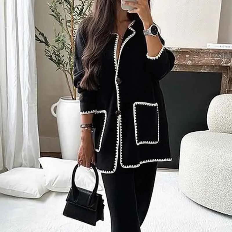 Casual Loose Pocket Coats Pants Two Piece Sets Women Fashion Contrasting Colors Tops Outfits Fall Winter Wide Leg Pants Suit