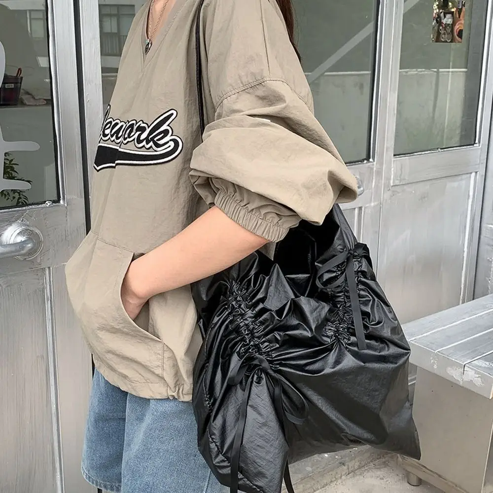 

Cute Korean Style Bow Drawstring Bag Bowknot Commute Nylon Ruched Shoulder Bag Solid Color Fold Silver Tote Bag Travel