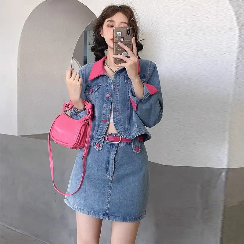 デニムコートミニスカートツーピースセット春秋の女性のファッションパッチワークショートジャケット A ラインスカート衣装新しいジーンズスーツ