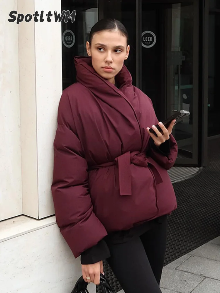 Veste en Coton Rembourré à Manches sulfet Col Montant pour Femme, Streetwear Décontracté, Couleur Unie, avec Ceinture, Chaud, Hiver, Bordeaux, 2024