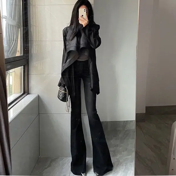 Fashionable Temperament Lapel 2025 Trench Coat Solid Color Medium Long Waist Jacket Autumn New Item Slimming Top