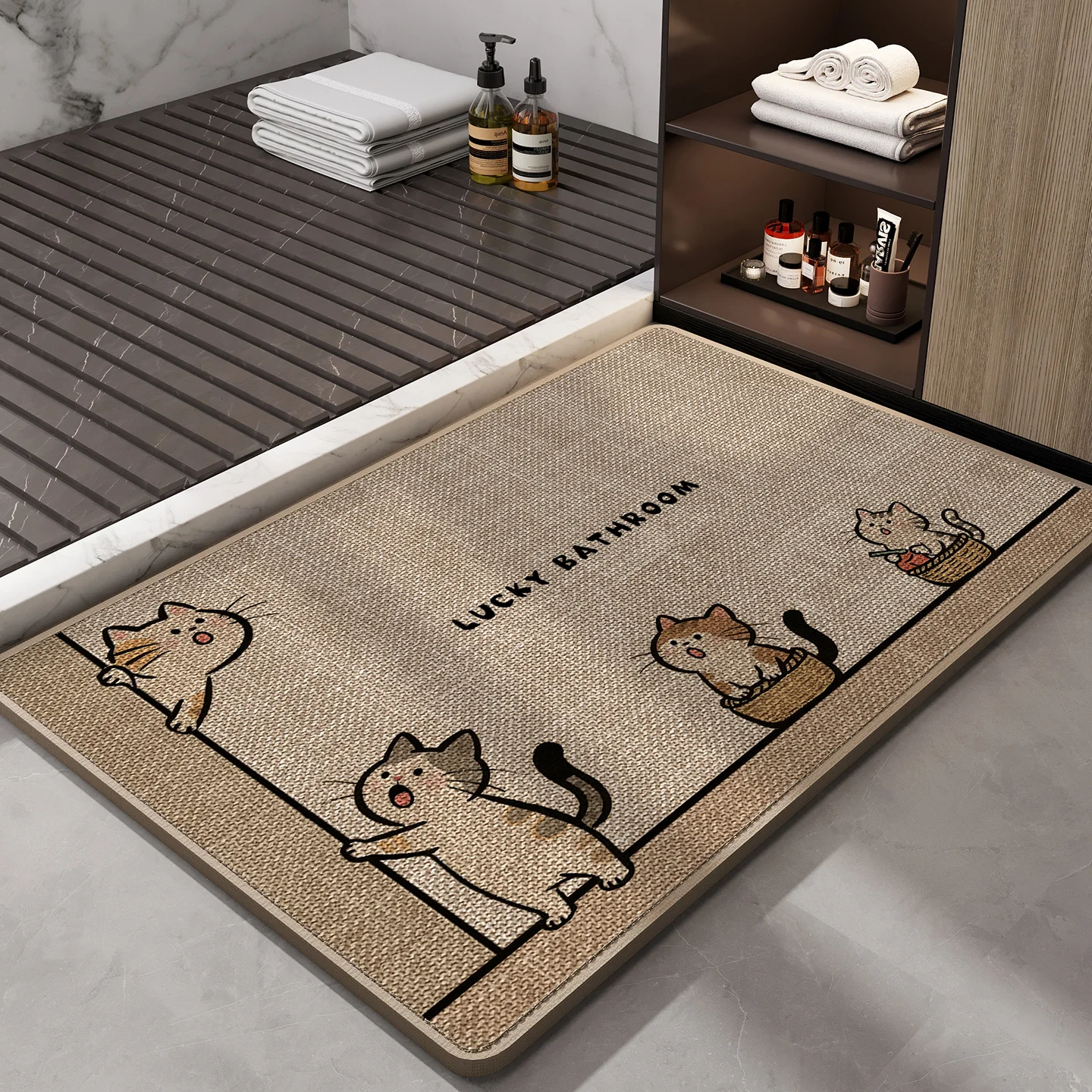 Tapis de salle de bain antidérapant en imitation coton avec imprimé chat mignon, adapté aux salles de bain, aux halls d'entrée et à la décoration de la maison