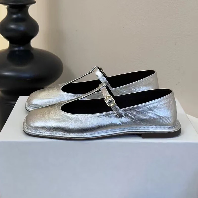 Spring  Autumn Genuine Leather Mary Jane Flat Shoes Women Square Toe Shallow Mouth Small Leather Shoes Versatile Casual Shoes