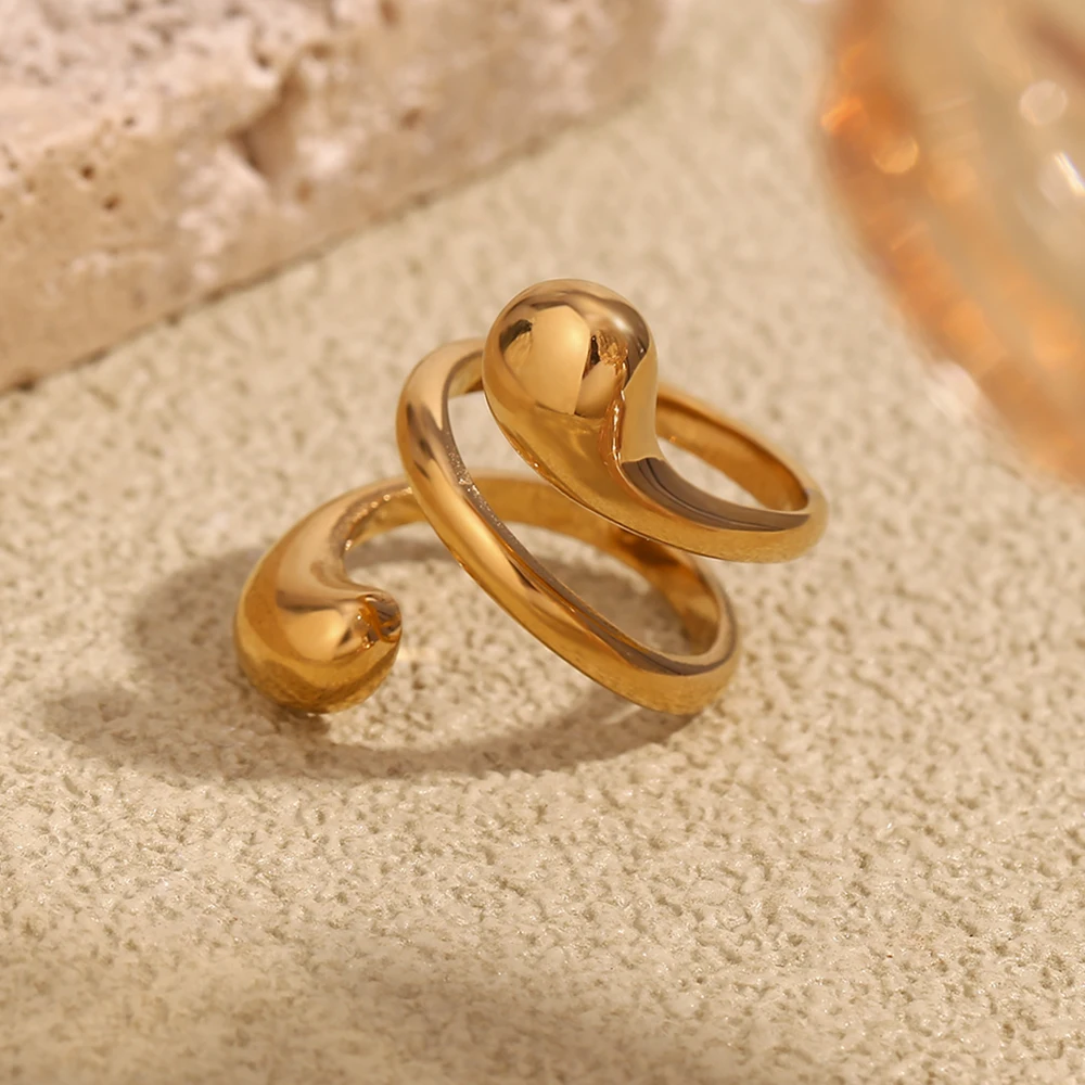 E.B.belle Double layered Spiral Snake Ring Opening Ring 316L Stainless Steel Jewelry 18K Gold Plated Accessories