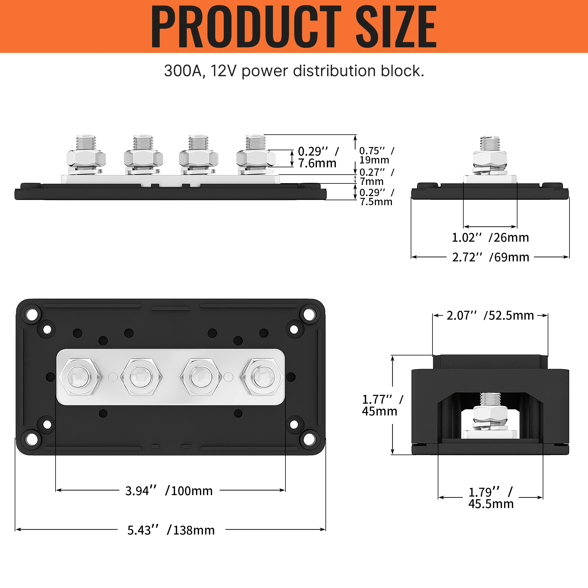 300A Bus Bar 12V DC Waterproof Power Distribution Block with 4 X M8 / M10 Studs Heavy Duty Marine Battery Bus Bar Terminal Block
