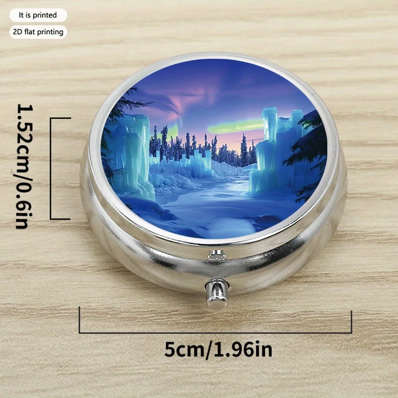 Winter Landscape 3 Printed Round Multi-Purpose Metal Box, Metal Sheet Box, 3-Layer Barrier Layer for Small Items, Suitable for Travel, Outdoor Activities, Vitamin Storage, Multi-Layer Storage Box, Small Gift Collection Box, Printed Locations May Vary