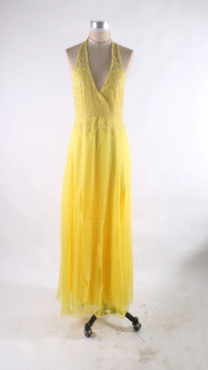 Sexy Lace Yellow Deep V Neck Women Evening Dress New Arrival Appliques Formal Prom Gowns Backless Female Vestidos Robe De Soiree