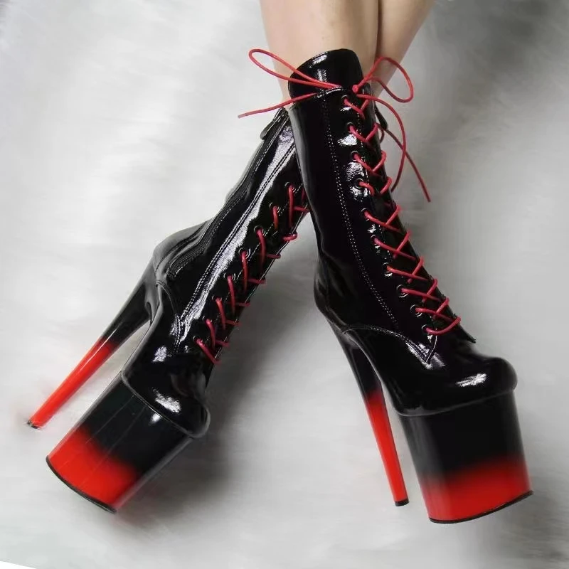 

IDEAL MA 17-20cm Black And Red Baking Paint Ultra-fine High-heeled Steel Pipe Dance Short Boots Nightclub Fashion Show Boots