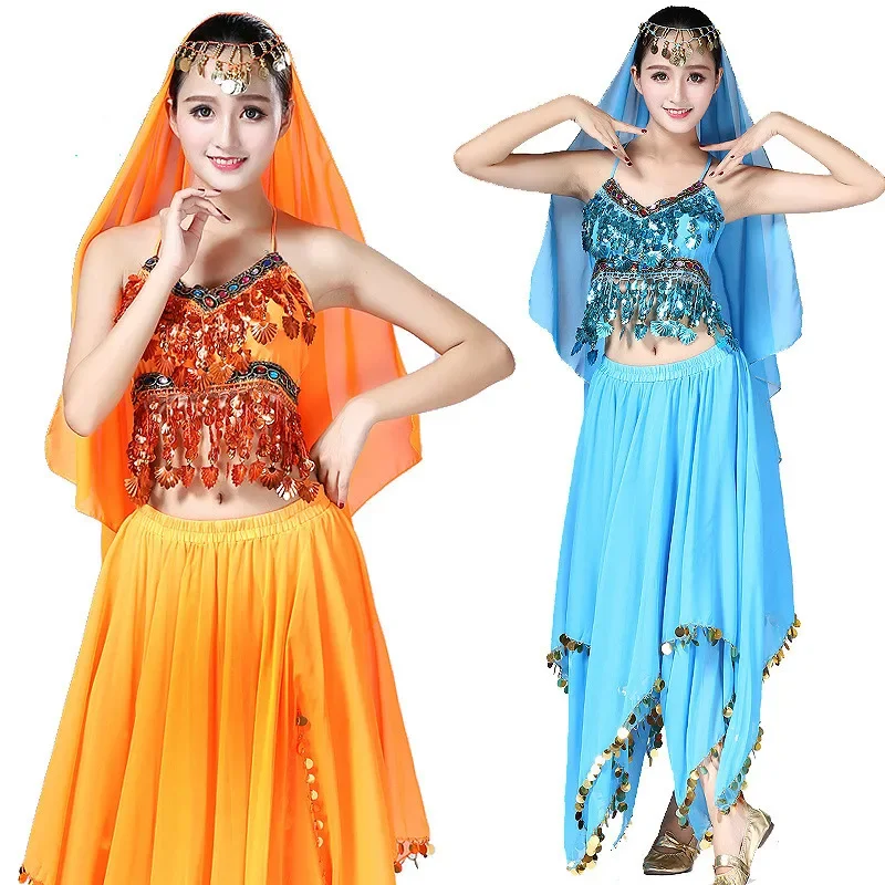 Women Bollywood Belly Dance Costumes Dance Clothing Indian Adult Bellydance Performances 3 Pcs/set Shell + Bead Skirt Chiffon