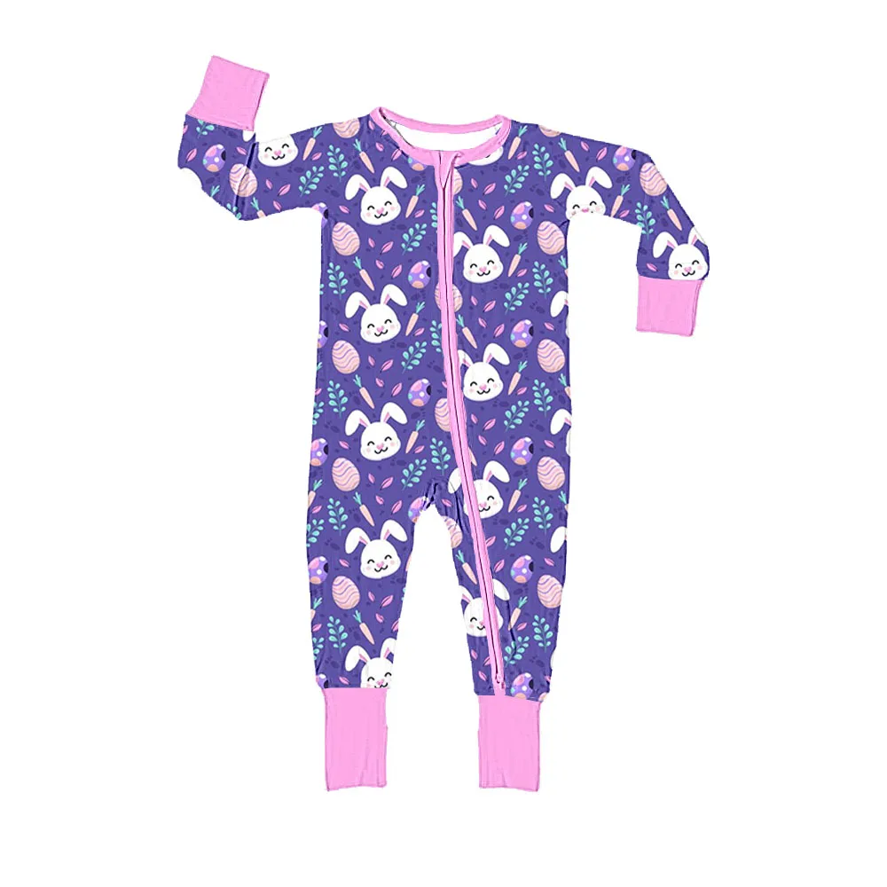 Easter clothes Toddler girl clothes onesie two zipper style Long sleeve pants bunny and small flower pattern milk silk fabric