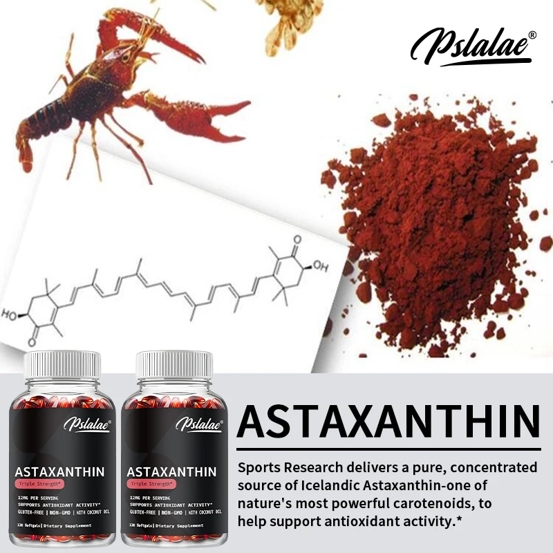 Suplemento Triple Action Astaxantina, Softgels à base de plantas de algas marinhas, promovem atividade antioxidante para a saúde da pele e dos olhos