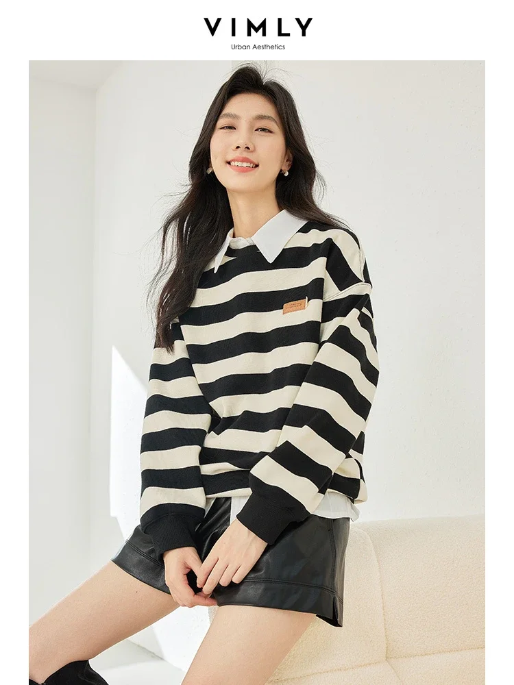 Vimly Contrast Striped Sweatshirt Female O-neck Pullover Long Sleeve Top 2023 New Casual Loose Cotton Winter Clothes Women M3752