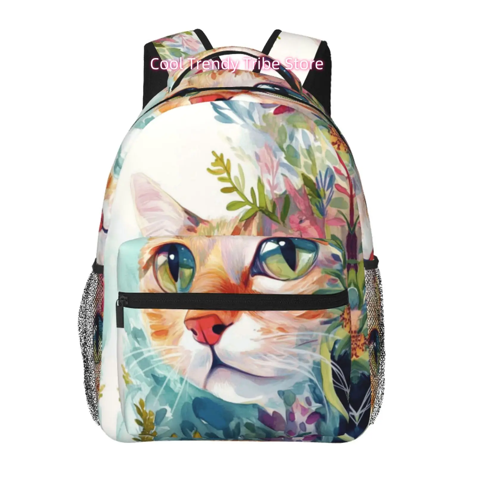Watercolor Cat Surrounded by Flowers Print Backpack, Adjustable Shoulder Straps, Oxford Cloth, for Women Commuting And Work