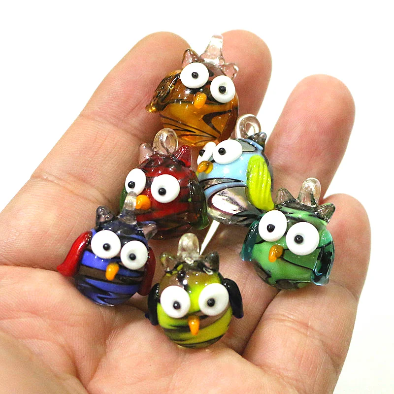 Mini Glass Owl Figurine Pendant Cute Birds Animal Charm Ornaments for Diy Jewelry Necklace Making Accessories or Halloween Decor