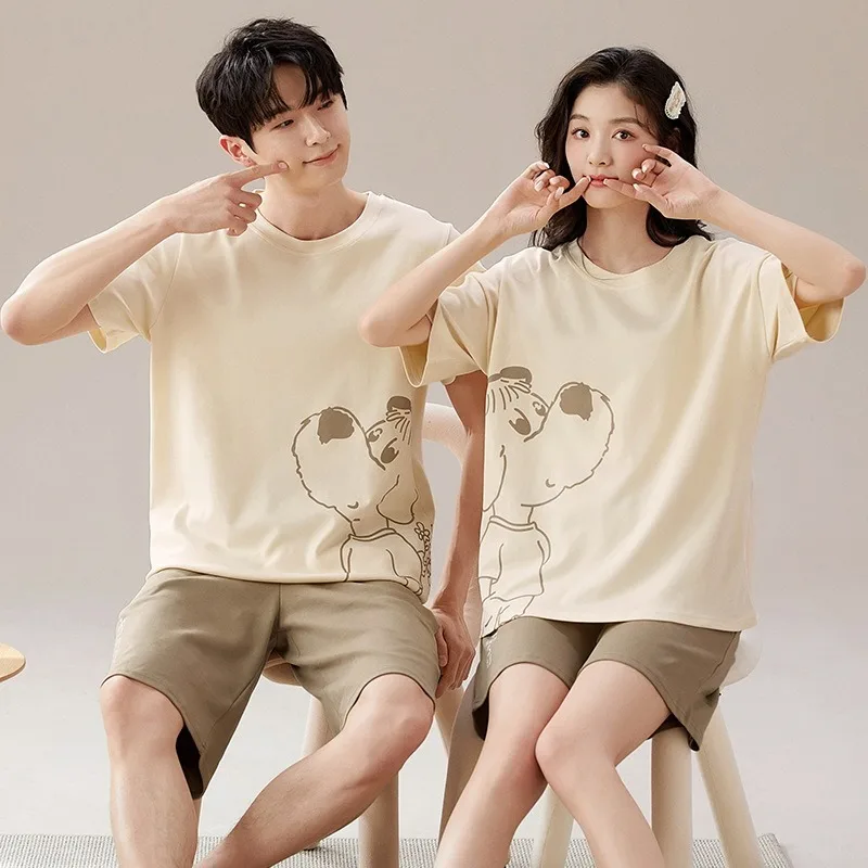 Couples Matching Pajamas Set Cute Cartoon Cotton Sleepwear Summer Short Sleeve Tops + Shorts Loungewear Male Female Nightwear