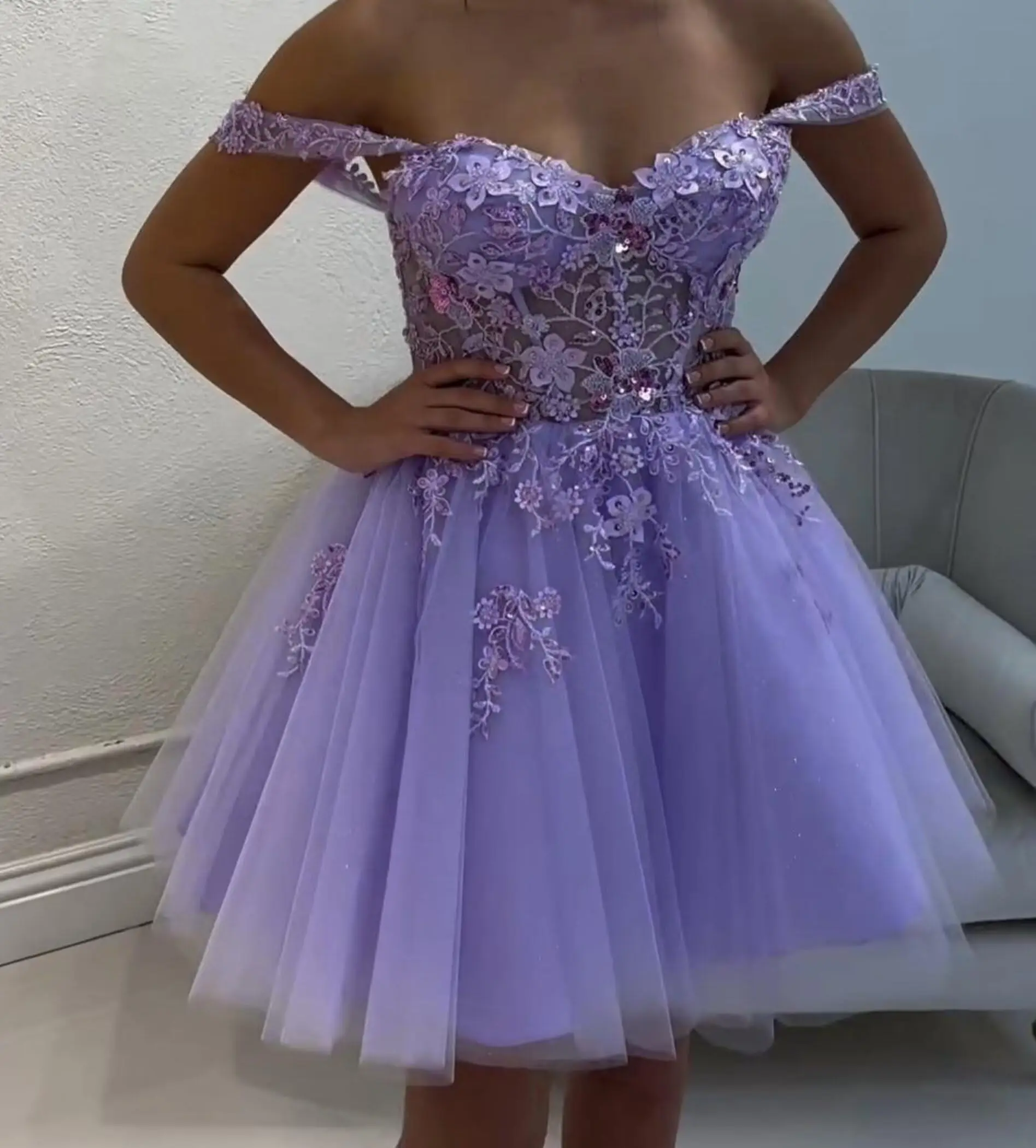 Off Shoulder Prom Dress Lace Tulle DAMA Dresses for Quinceanera Beaded Short Homecoming Dresses