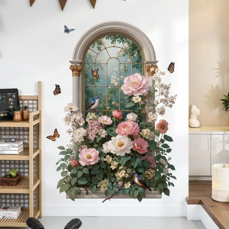 Arched Window Floral Wall Sticker Butterfly Bird Self-Adhesive Wall Decor