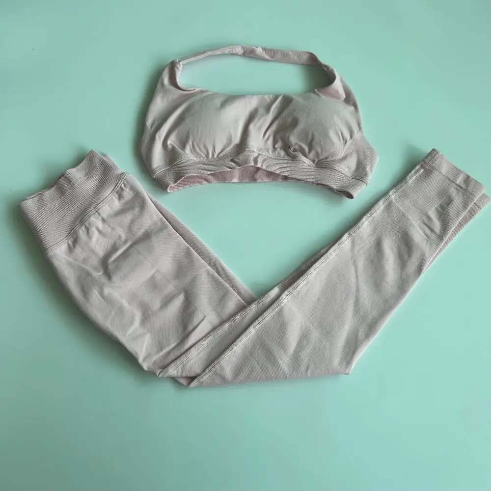 Yoga Tightening 2PC Set Halter Neck Backless Sports Bra and Low Rise Ribbed Seamless Leggings for Gym Workout Fitness Trainin