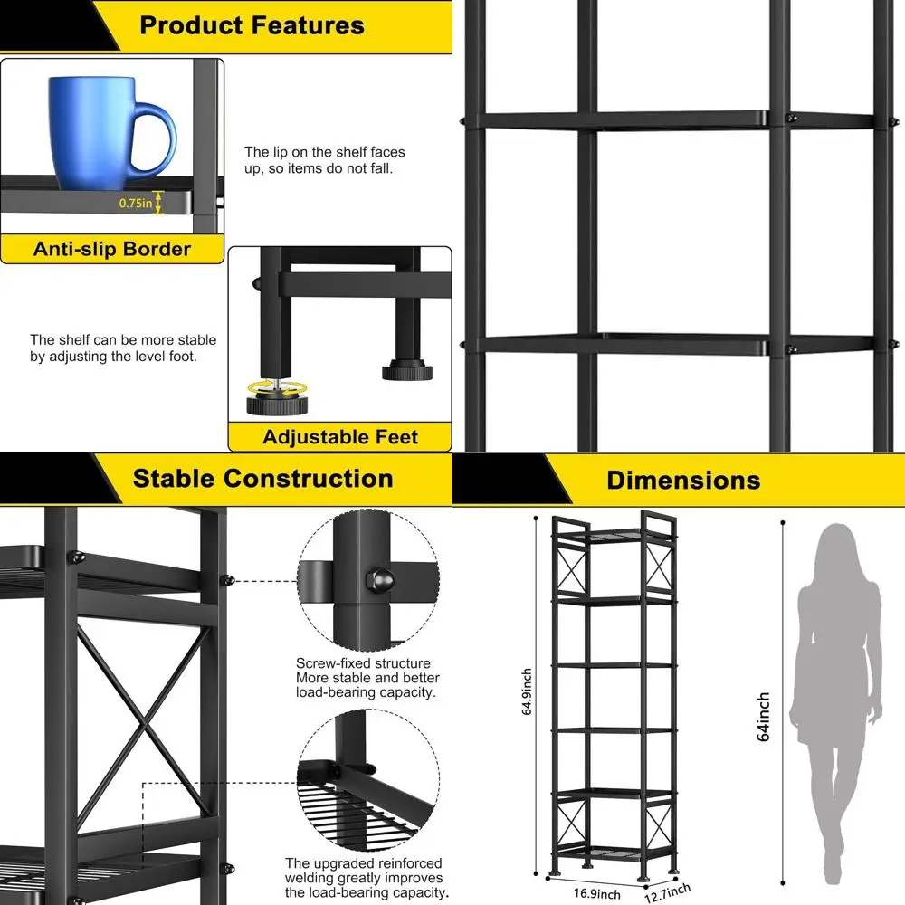 

6-Tier Heavy-Duty Metal Wire Storage Rack, X-Frame Design, 120lb Capacity per Shelf, Ideal for Kitchen, Bathroom, Laundry - Blac