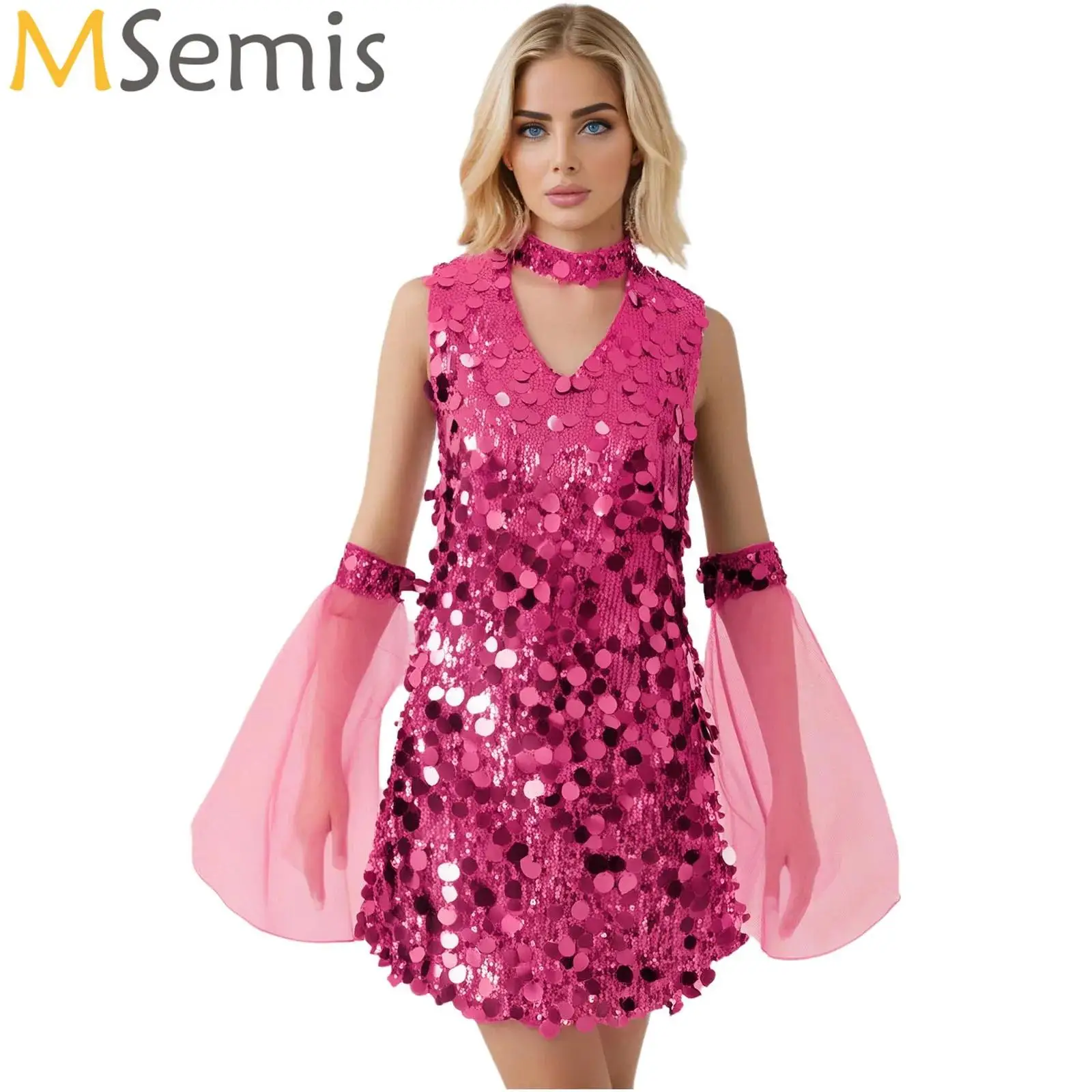 

Womens 60s 70s Disco Hippie Outfits Hip-hop Jazz Dance Costumes Halloween Carnival Party Shiny Mini Dress with Flare Sleeve