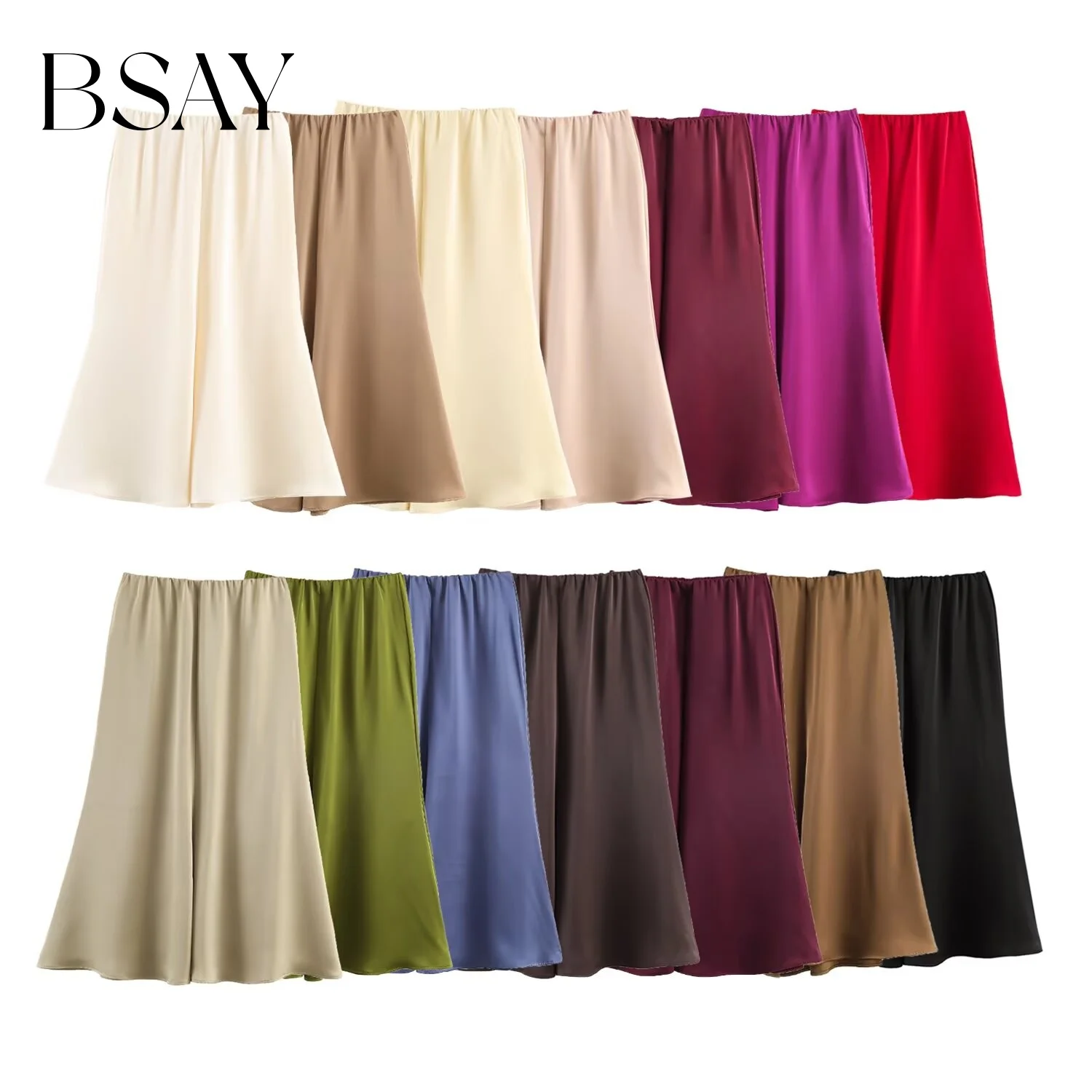 

Новая женская атласная юбка миди BSAY, разноцветная, с расклешенным подолом, повседневная, уличный стиль, эластичная, с высокой талией, шикарная