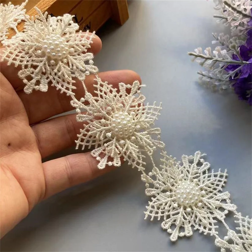 

10x Ivory Snowflake Pearl Handmade Beaded Flower Embroidered Lace Trim Ribbon Double Layered Applique Dress DIY Sewing Craft 5cm