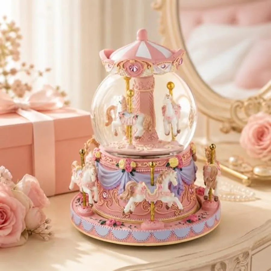 Pink Carousel Snow Globe Music Box with LED Lights, Rotating Horse Merry Go Round, Wind Up Musical Snow Globe Plays Castle in t