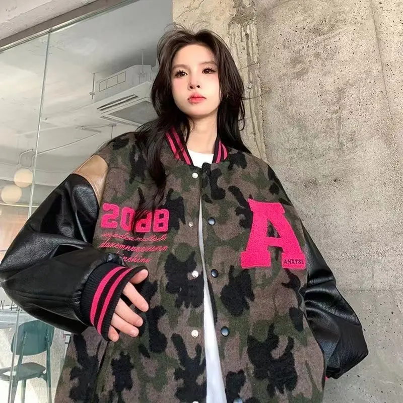 Baseball Jacket Camouflage Letter Embroidery Fashion Jackets Women Retro Patchwork Knitting American American High Street 2024