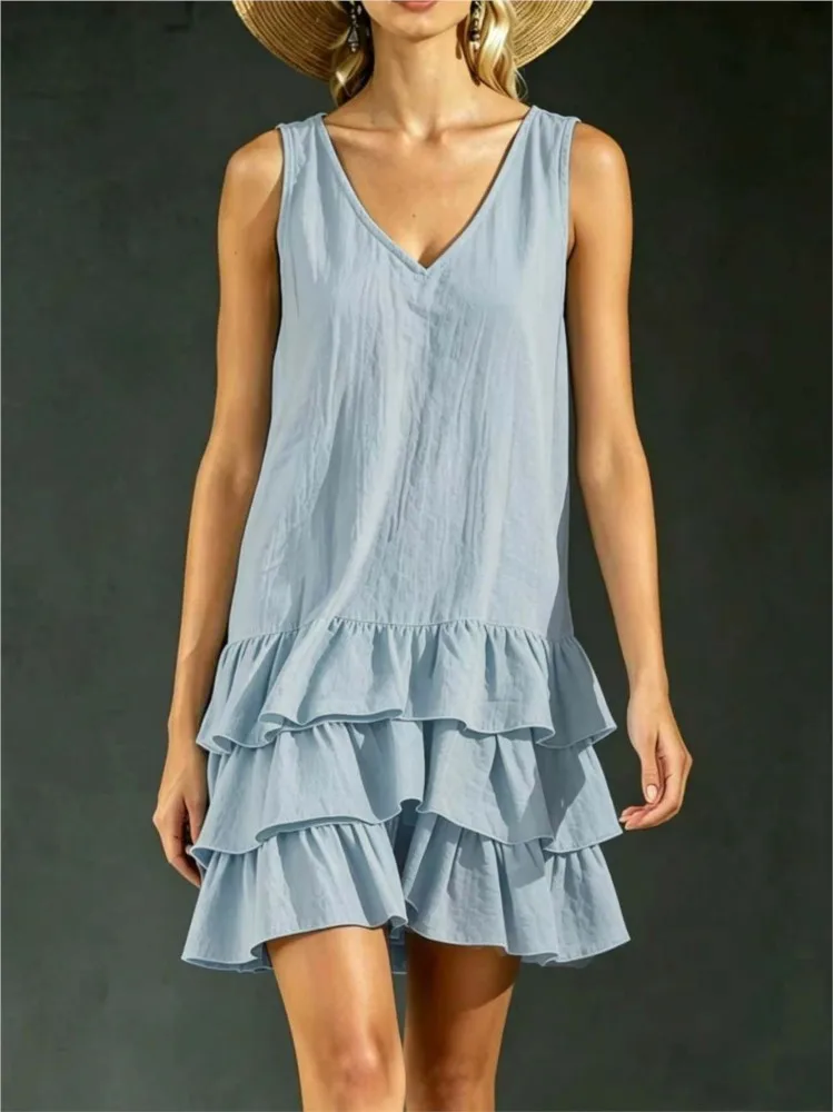 

V Neck Sleeveless Loose Layered Ruffled Tank Top Dress 2026 Women's Casual Simple Solid Color Mini Dress Elegant Beach Vacation