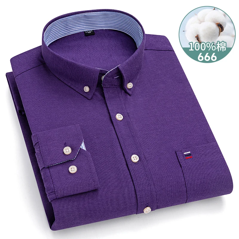 7XL-6XL-5XL Men's Long Sleeve Shirt 100% Oxford Cotton Soft Comfortable Classic Stripe Grid Solid Color Purple Casual Party Top