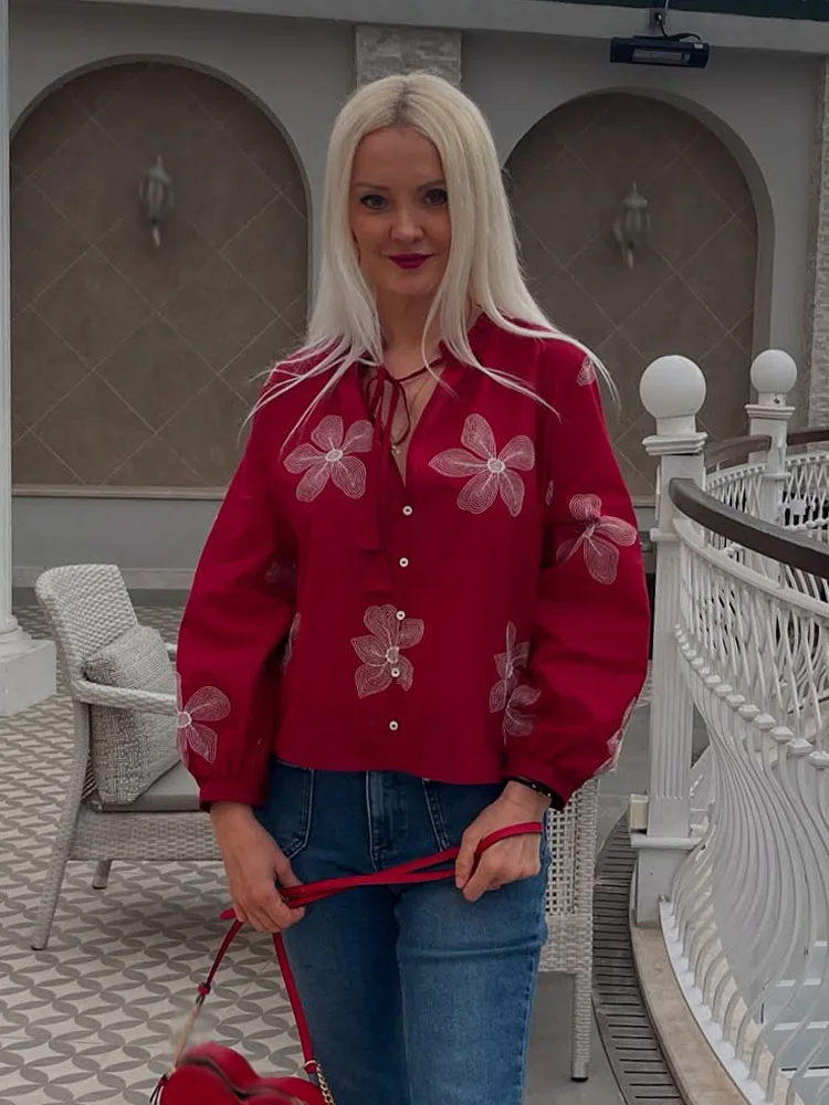 

TRAFZA Woman Elegant Wrinkled Long Sleeve Lace Blouses Shirt Women Spring Chic Flowers Embroidery Decorate Slim Loose Shirt Top