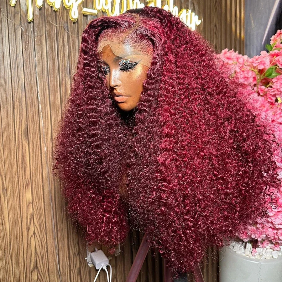 Soft 26“ Long Burgundy 99j Kinky Curly 180Density Deep Lace Front Wig For Black Women Babyhair Natural Hairline Preplucked Daily